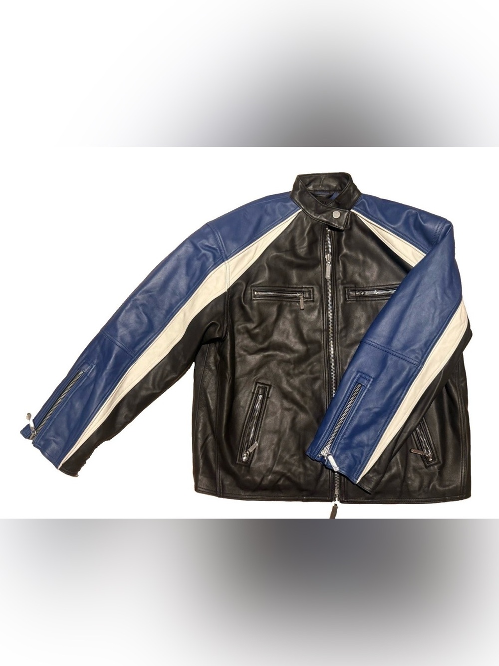 Revolve NBD Black Leather Bomber Jacket with Blue Sleeves & White Stripe